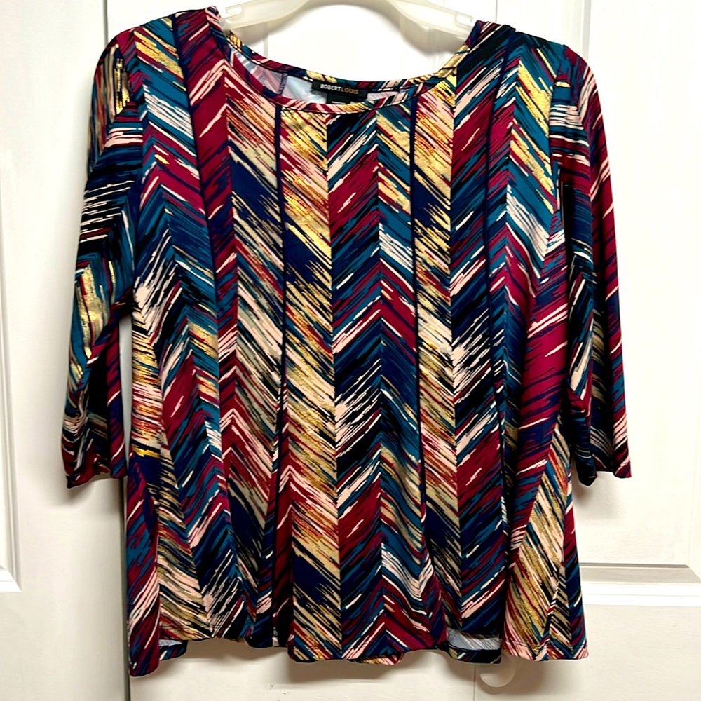 Robert Lewis Multi Color Feather Print Mid Sleeve Top Size L